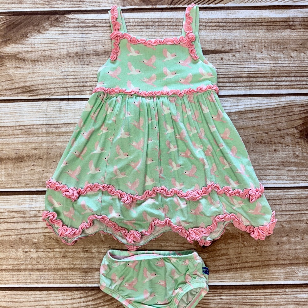 Kickee Pants Dress and Bloomers Hummingbirds 6-12 mo VGUC